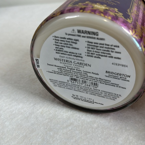 BATH & BODY WORKS NWT BRIDGERTON WISTERIA GARDEN NEW THREE WICK CANDLE - Picture 4 of 4